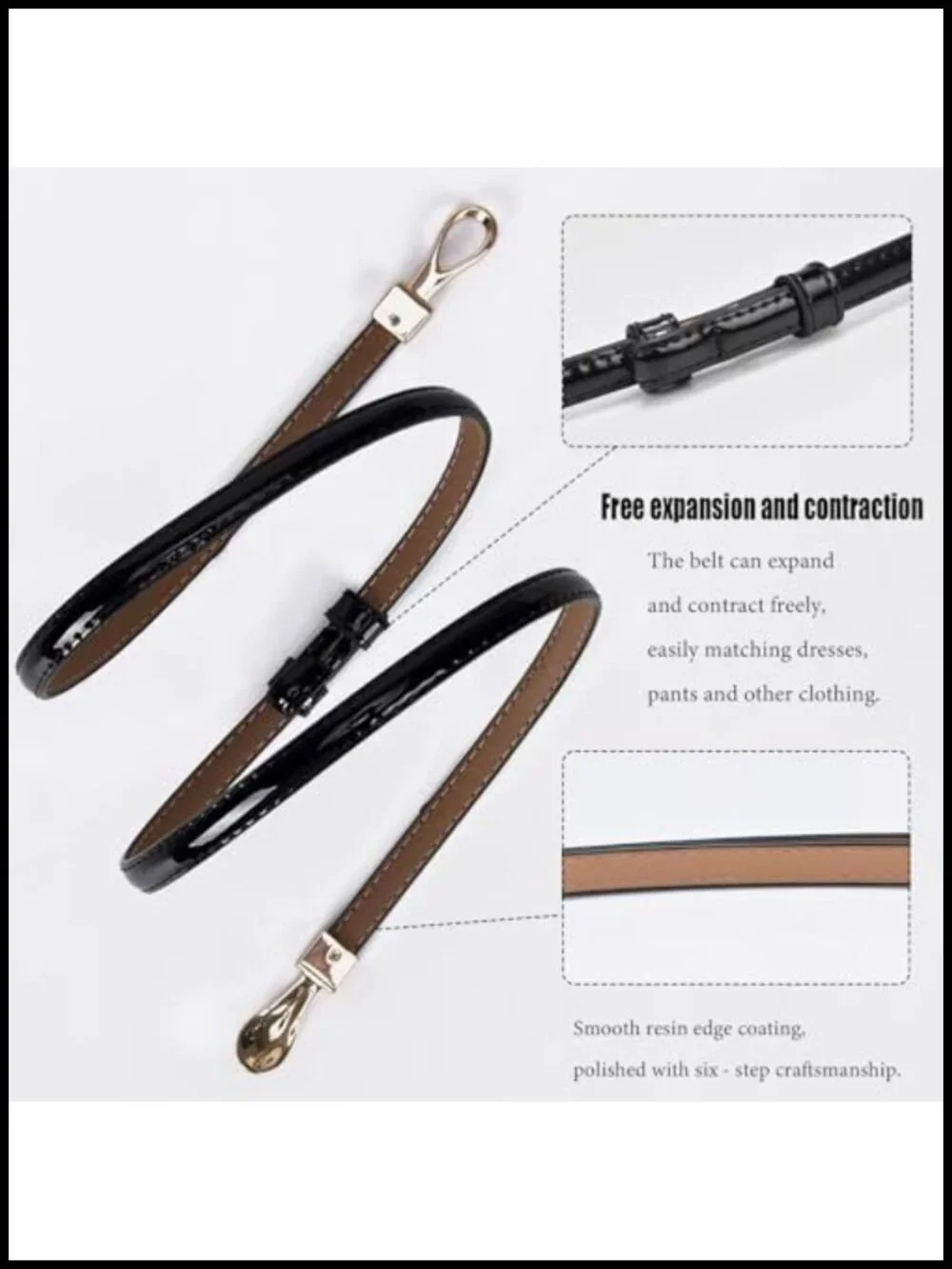 Patent Leather Skinny Belt with Gold Teardrop Buckle
